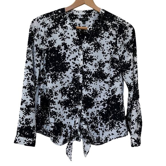 Talbots Floral Blouse Sz S P Women's Tie Front Blouse Button Up Black & White - Picture 1 of 10